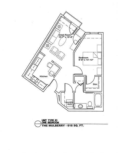 Floor plan for 1 bed, 1 bath, 605 sqft